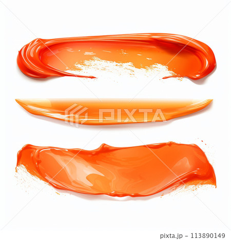 Honey lipstick smear. Cream makeup texture. Top view of cream smears on white background. 113890149