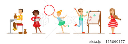 Talented Children Enjoy Creative Hobby and Activity Vector Set 113890177