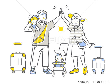 ワクワクしながら夏休みの旅行へ出発する若い家族　シンプルでお洒落な線画イラスト 113890602