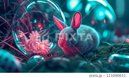 Happy easter background. Neon Easter bunny 113890631