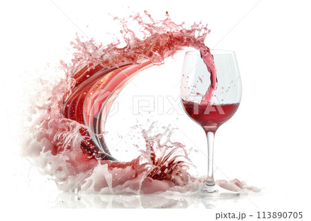 A glass of red wine being poured into it, capturing the elegant motion of the liquid filling up the container. 113890705