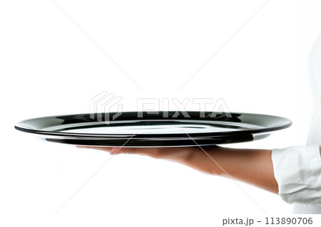 Waiter hand in crisp white uniform holding empty metal tray isolated on white background 113890706