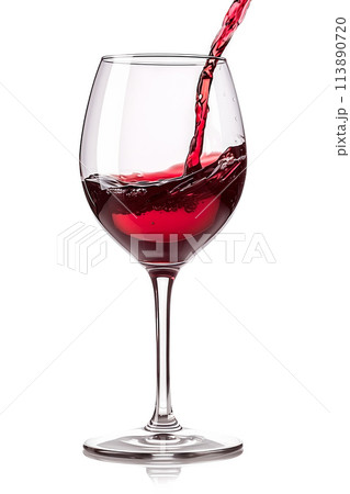 Red wine pouring into glass isolated on white background. Rose wine splashing in glassware. 113890720