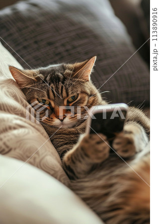ソファーに寝転がってスマホを見る子猫 113890916