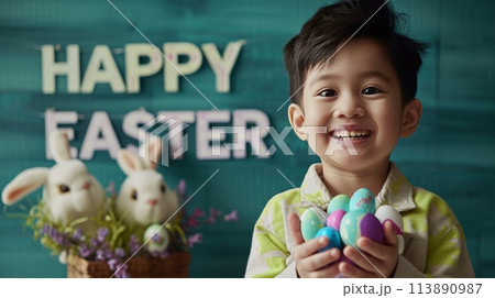 Smiling Asian boy holds an Easter eggのイラスト素材 [113890987] - PIXTA