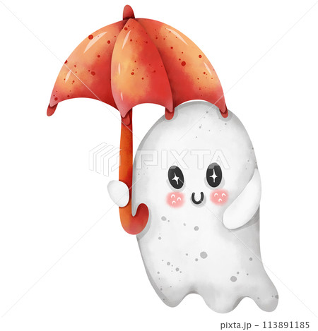 Watercolor painting of a little ghost holding a red umbrella during Halloween. 113891185