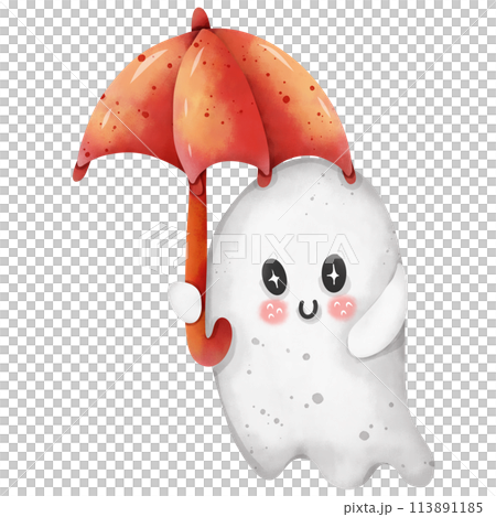 Watercolor painting of a little ghost holding a red umbrella during Halloween. 113891185