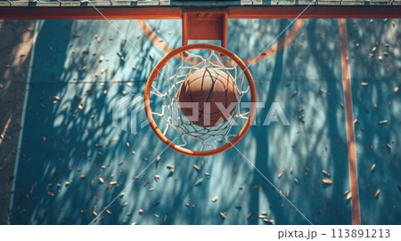 Basketball ball entered in the basket touching the net. Playing in the street on outdoor court, close up 113891213
