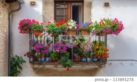 Flowers in Flower pot hanging on on traditional Balcony Fence, Spring Beautiful Balcony Flowers on Sunset 113891278