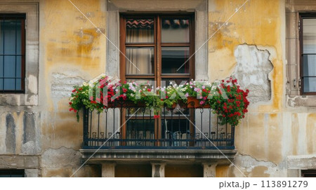 Flowers in Flower pot hanging on on traditional Balcony Fence, Spring Beautiful Balcony Flowers on Sunset 113891279
