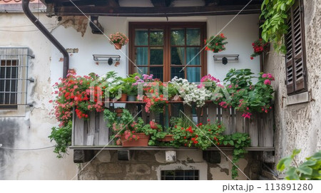 Flowers in Flower pot hanging on on traditional Balcony Fence, Spring Beautiful Balcony Flowers on Sunset 113891280