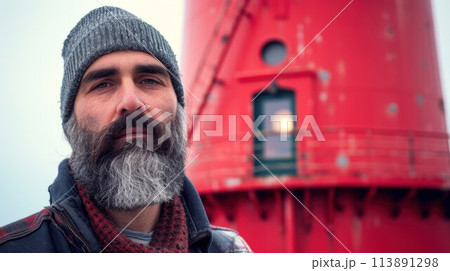 Portrait of a bearded man old against the background of a lighthouse and a blue sky with clouds Portrait of a bearded man old against the background of a lighthouse and a blue sky with clouds 113891298