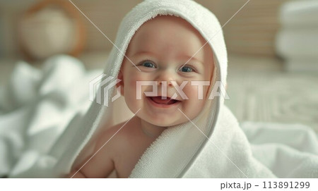 Baby wearing towel in white sunny bedroom. Newborn child relaxing in bed after bath or shower. Nursery for children. Textile and bedding for kids 113891299