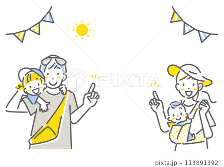 夏の旅行を楽しむ4人家族 シンプルでお洒落な線画イラスト 夏の旅行を楽しむ4人家族 シンプルでお洒落な線画イラスト 113891392