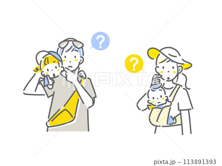 夏の旅行中の四人家族　考える　シンプルでお洒落な線画イラスト 113891393