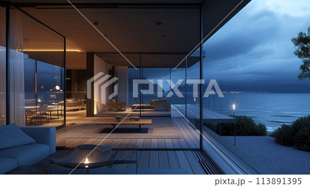 Modern living and dining areas with wide views of the bay and city. Beautiful minimalist white interior at night 113891395