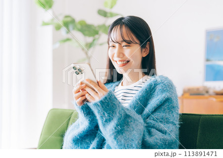 ソファでスマホを使う女性 113891471