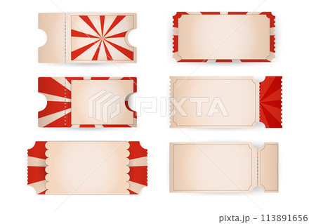 set realistic ticket,voucher coupon retro circus carnival, fair style, template with shadow 113891656