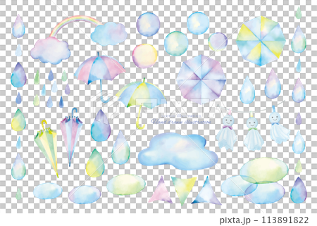 水彩繪製的雨傘和雨滴材料集 水彩繪製的雨傘和雨滴材料集 113891822