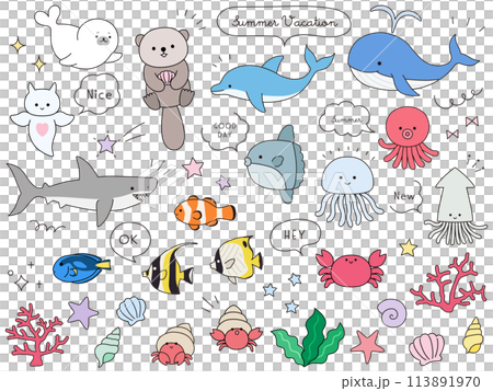 Set of vector illustrations of cute sea creatures. Ocean, aquarium 113891970