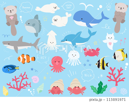 かわいい海の生き物のベクターイラストセット。海、水族館 113891971