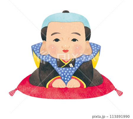かわいい福助人形 縁起物 水彩 ツヤあり のイラスト素材 [113891990