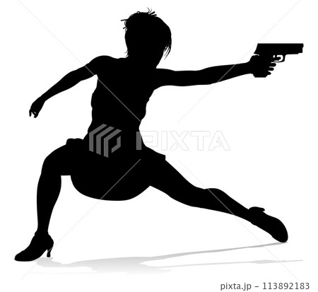 Woman Silhouette Action Secret Agent Spy With Gun 113892183