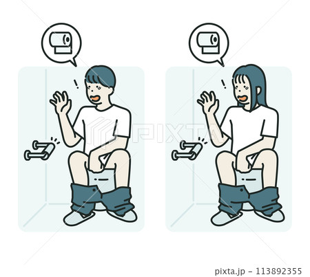 person sitting on a toilet bowl surprised by the lack of toilet paper 113892355