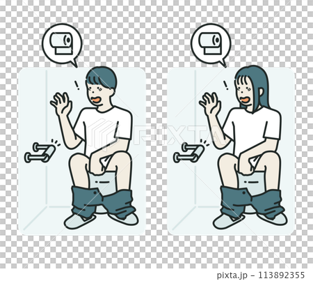 person sitting on a toilet bowl surprised by the lack of toilet paper 113892355