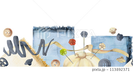 Hand drawn watercolor illustration sewing craft supplies. Fabric pin cushion, needles, wooden buttons ribbon lace, indigo beige. Frame isolated on white background. Design atelier, tailor, hobby shop 113892371