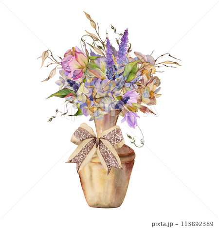 Hand drawn watercolor illustration shabby boho botanical flowers leaves. Rose ivy hydrangea veronica lunaria in vase with lace bow tie. Bouquet isolated on white background. Design wedding, love cards 113892389