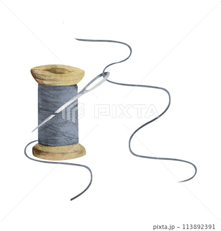 Hand drawn watercolor illustration sewing craft embroidery supplies. Wooden indigo thread spool skein bobbin, pin needles. Composition isolated on white background. Design atelier, tailor, hobby shop Hand drawn watercolor illustration sewing craft embroidery supplies. Wooden indigo thread spool skein bobbin, pin needles. Composition isolated on white background. Design atelier, tailor, hobby shop 113892391