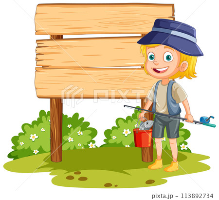 Happy Young Fisher by Wooden Sign Happy Young Fisher by Wooden Sign 113892734
