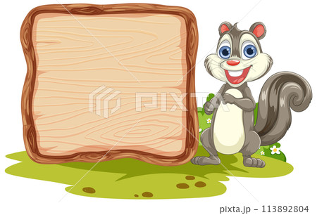 Cheerful Squirrel with Wooden Sign 113892804