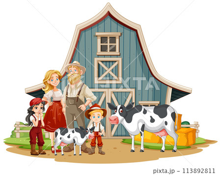Happy Farm Family with Livestock Illustration 113892811