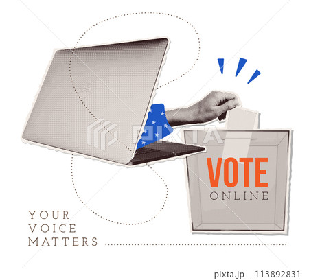 Presidential election promo collage with halftone hand putting ballot in voting box sticking out from laptop screen. Collage for US Election 2024 campaign. Vote day, November 5. Trendy vector design. Presidential election promo collage with halftone hand putting ballot in voting box sticking out from laptop screen. Collage for US Election 2024 campaign. Vote day, November 5. Trendy vector design. 113892831