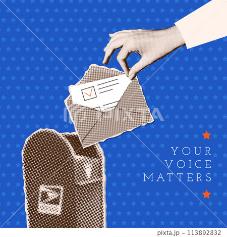 Vote by mail - trendy vintage halftone banner concept. Hand Distant voting by putting letter in postbox. Open envelope with a ballot paper is dropped into the mailbox. Vector illustration Vote by mail - trendy vintage halftone banner concept. Hand Distant voting by putting letter in postbox. Open envelope with a ballot paper is dropped into the mailbox. Vector illustration 113892832