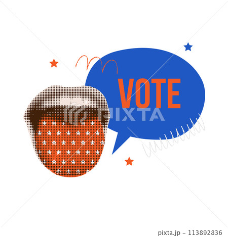 Vintage collage pop art banner about elections with vote text and halftone a scream open mouth with starry tongue. Vector illustration. Vintage collage pop art banner about elections with vote text and halftone a scream open mouth with starry tongue. Vector illustration. 113892836