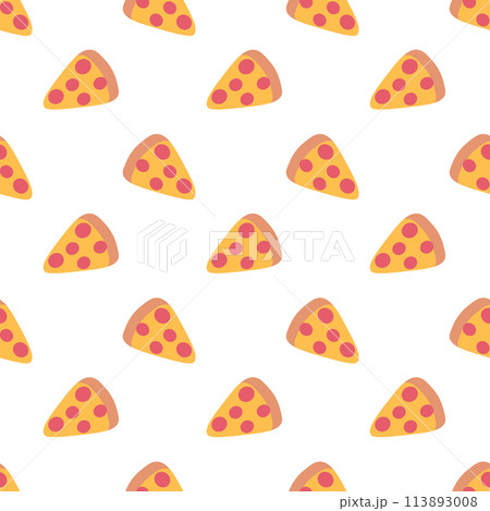 Pizza slice with pepperoni seamless pattern. Italian food background. Simple doodle, hand drawn kitchen wallpaper. Flat vector illustration. Pizza slice with pepperoni seamless pattern. Italian food background. Simple doodle, hand drawn kitchen wallpaper. Flat vector illustration. 113893008