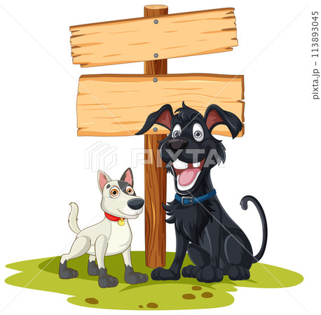 Happy Dogs by the Wooden Sign Happy Dogs by the Wooden Sign 113893045