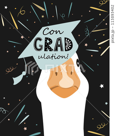Funny graduate goose character in graduation hat with ConGradulation lettering. Geese wearing in grad cap. Vector isolated illustration. Funny graduate goose character in graduation hat with ConGradulation lettering. Geese wearing in grad cap. Vector isolated illustration. 113893402