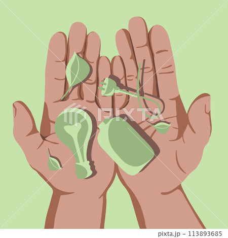 Vector isolated illustration of energy conservation concept. Human hands hold means of energy conservation. Green energy. Energy saving. 113893685