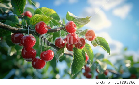 Closeup of sour cherries on cherry tree 113893866