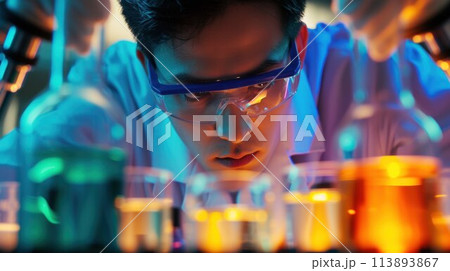Medical Science Laboratory: Handsome Latin Scientist Analysing Samples and Uses Microscope, Looking at Camera and Smiling Charmingly. Young Biotechnology Specialist 113893867