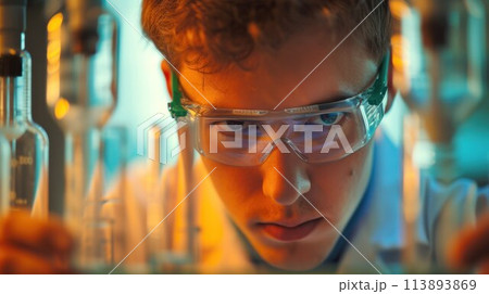 Medical Science Laboratory: Handsome Latin Scientist Analysing Samples and Uses Microscope, Looking at Camera and Smiling Charmingly. Young Biotechnology Specialist 113893869