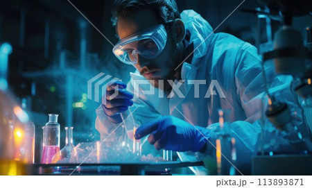 Medical Science Laboratory: Handsome Latin Scientist Analysing Samples and Uses Microscope, Looking at Camera and Smiling Charmingly. Young Biotechnology Specialist 113893871