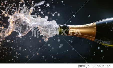 champagne bottle is opened. cork shoots from champagne bottle. symbolic photo for the year, new year's eve, celebrations and openings 113893872