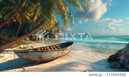 Boats at the beauty beach with limestone cliff and crystal clear water in Thailand 113893898