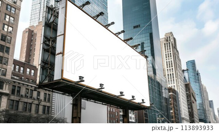 Blank billboard on a street, a blank billboard with copy space for text or content, mockup of a blank billboard in a big city, day scene. Space for your ad 113893933