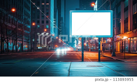 Blank city format Billboard Light Poster, City Light banner pylon in in the city center mock-up at night. Blurred background, copy space 113893955
